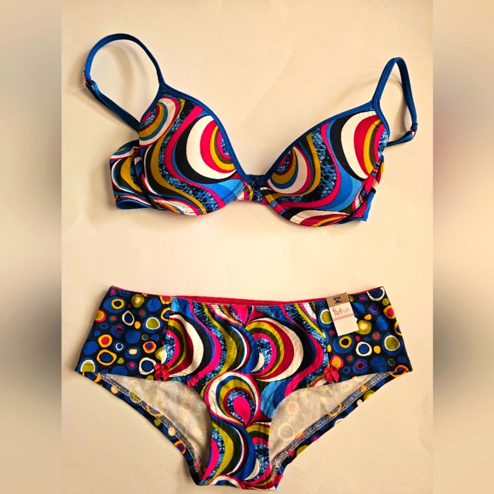 Y2K Flirtitude 36b / m bra panties set Psychedelic Swirl Artsy Neon Dopamine
